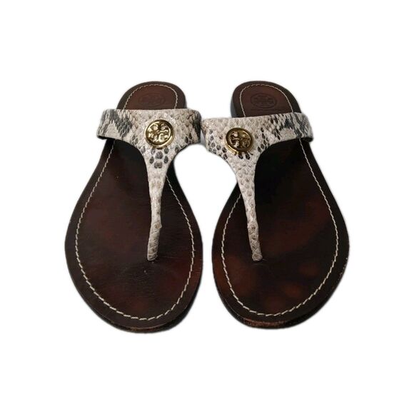 Tory Burch Cameron Leather Thong Sandals Women's Size 9 M Python Print Brown - Picture 3 of 8